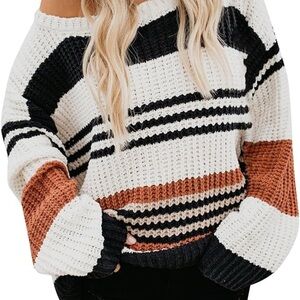 Orangey brown, black and white striped sweater. Originally purchased from Amazon